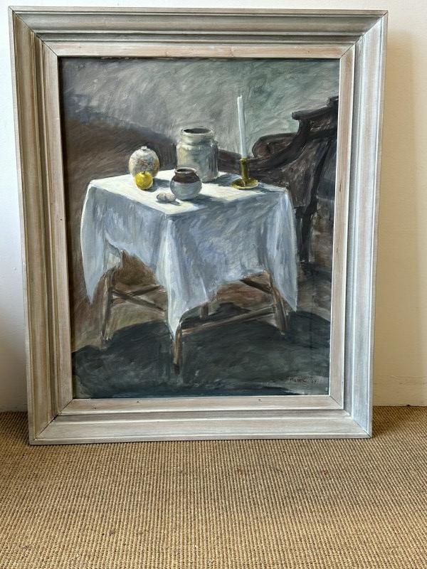 Mid Century o/c still life signed illegibly lower right and dated 1969, fine estate condition, in: Mid Century o/c still life signed illegibly lower right and dated 1969, fine estate condition, in frame of the period. Painting measures 24" x 30", the frame measures 37" x 30.5".