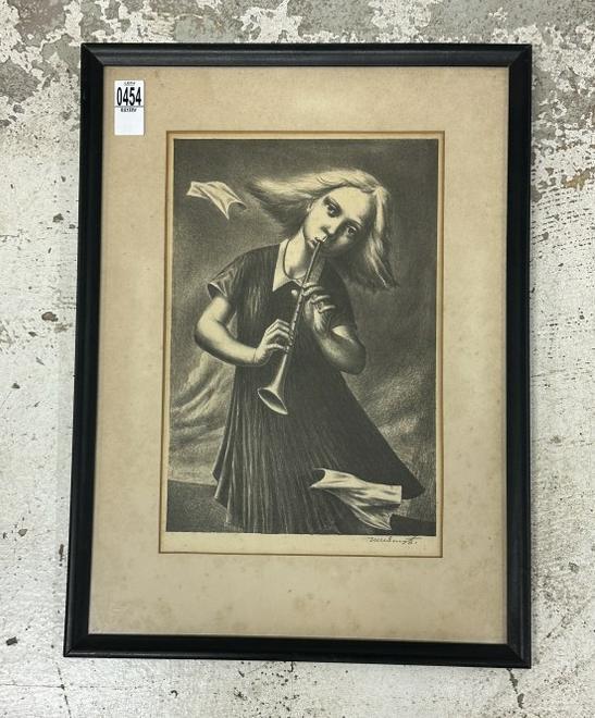 Circa 1930's signed illegibly print of girl playing clarinet type instrument, in black frame of the: Circa 1930's signed illegibly print of girl playing clarinet type instrument, in black frame of the period, image measures 14" x 10", frame measures 21" x 15.5".