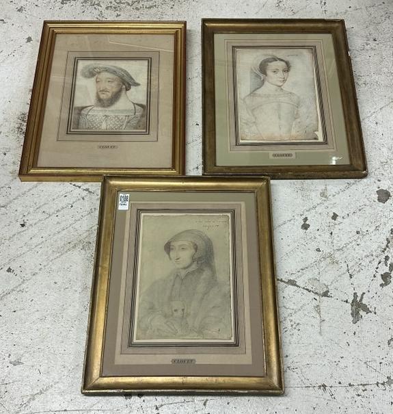 (3) Studio of FranÃ§ois Clouet or by him (?) charcoal drawings incl. bearded gentleman wearing hat: (3) Studio of FranÃ§ois Clouet or by him (?) charcoal drawings incl. bearded gentleman wearing hat with plume. Laid down on paper, matted and framed nicely. The drawing measures 11" x 8". The frame 
