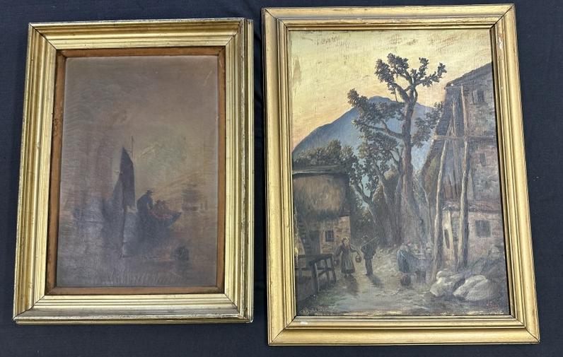 (2) as found estate paintings including o/c with men in boats ( has big tear down center and was: (2) as found estate paintings including o/c with men in boats ( has big tear down center and was repaired, as pictured ) in period lemon gilt frame, painting measures 22" x 15", the gilt frame measure