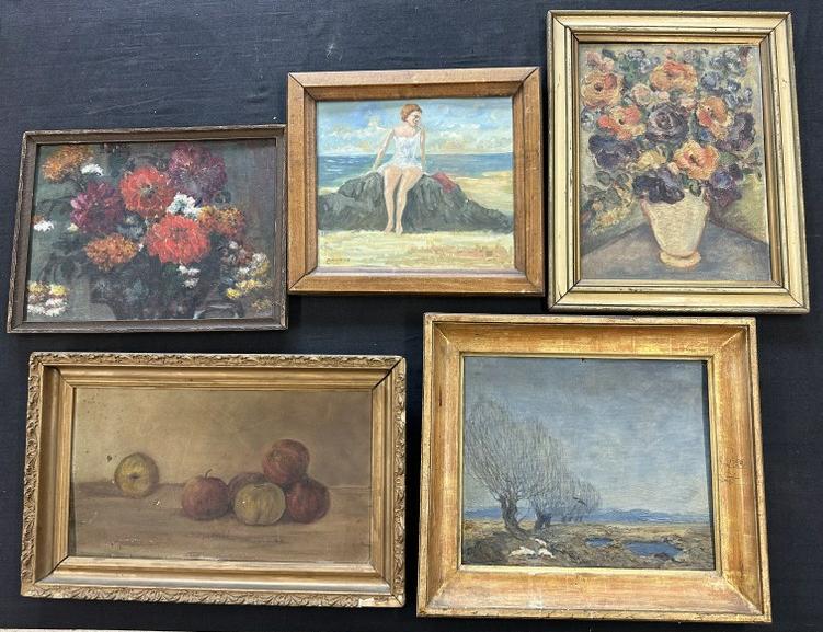 (5)older estate oil paintings - floral o/b still life measures 12" x 16" - o/b sitting on rock with: (5)older estate oil paintings - floral o/b still life measures 12" x 16" - o/b sitting on rock with ocean in background measures 12" x 13" and signed James J. Cox - circa 1930's o/b still life with fl