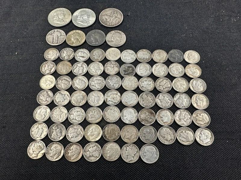 Estate lot United States silver coins to include - (2) Franklin half dollars, (1) Stone Mountain: Estate lot United States silver coins to include - (2) Franklin half dollars, (1) Stone Mountain Commemorative half dollar (1925), (4) quarters & (67) silver dimes. Found in local estate.