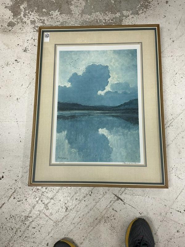 Eric Sloane pencil signed landscape print, water in foreground, mountains in background, number 35: Eric Sloane pencil signed landscape print, water in foreground, mountains in background, number 35 of 450 printed, signed lower right, print measures 24" x 16", the frame measures 30" x 23.25", fine c