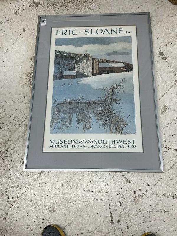 Eric Sloane signed poster Museum of the Southwest, 1980. Number 56 0f 100, signed lower right,: Eric Sloane signed poster Museum of the Southwest, 1980. Number 56 0f 100, signed lower right, nocely framed and matted, poster measures 29" x 19", the frame measures 35.25" x 25.5", excellent conditi