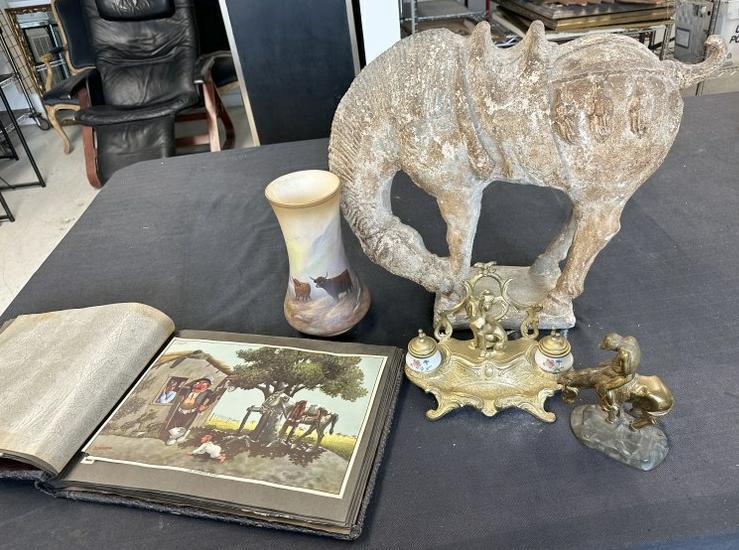 Misc. estate lot to include 17" high reproduction Asian horse ( damage to one area on base and leg: Misc. estate lot to include 17" high reproduction Asian horse ( damage to one area on base and leg as pictured ), brass inkwell with seated dog, Crown devon vase with buffalos signed G. Cox, heavy bro