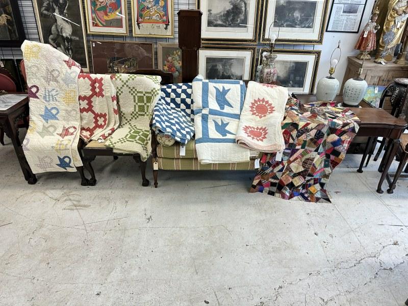 Estate lot of (7) quilts, (6) Victorian or older, and one circa 1950's or so, also a nice crazy: Estate lot of (7) quilts, (6) Victorian or older, and one circa 1950's or so, also a nice crazy quilt top, normal wear, stains, etc. Some nice patterns, from Hudson Valley estate.