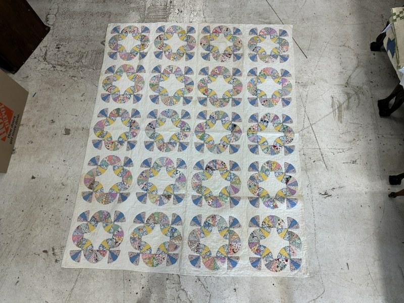 Estate handmade early quilt, has normal light stains, from Hudson valley estate, stored away for: Estate handmade early quilt, has normal light stains, from Hudson valley estate, stored away for years, measures 80" x 65".