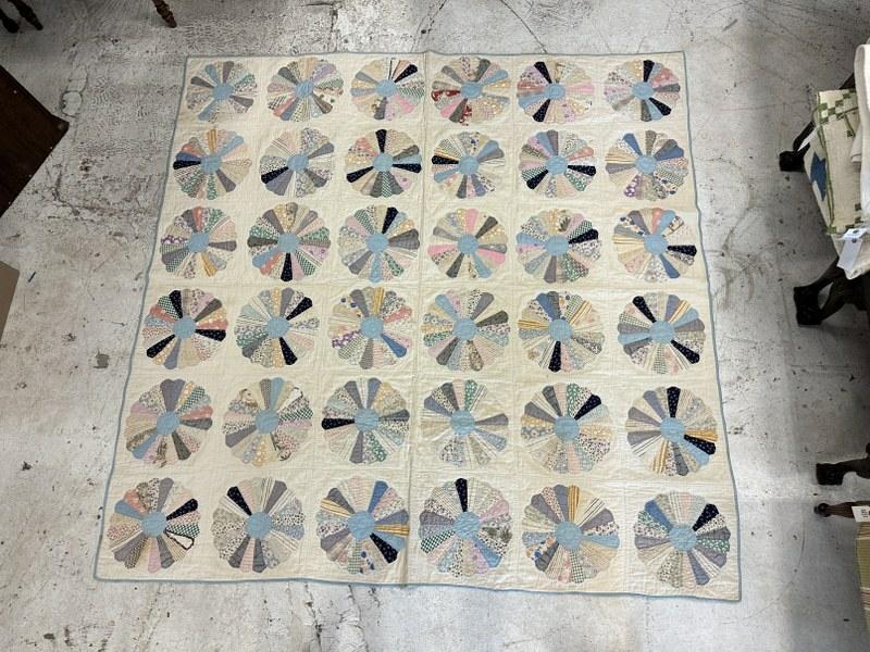 Estate handmade early quilt in overall nice condition, typical light stains on back & a few on: Estate handmade early quilt in overall nice condition, typical light stains on back & a few on front, one panel off, measures 79" x 79", fresh from Hudson valley estate.