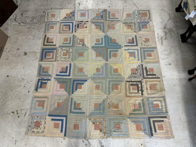 Estate handmade early quilt in nice condition overall, some stains on back, from Hudson Valley: Estate handmade early quilt in nice condition overall, some stains on back, from Hudson Valley estate, measures 80" x 73".