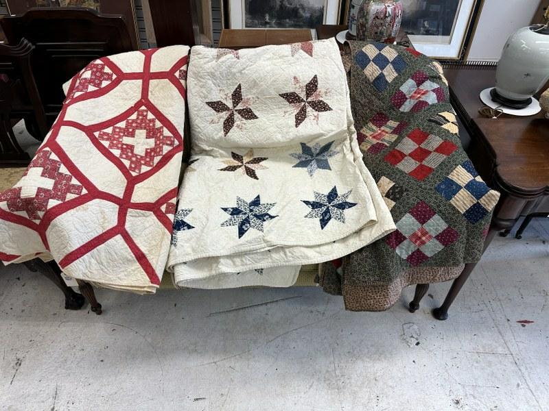 Estate lot (3) handmade early quilts, nice overall estate condition, some stainign on red & white: Estate lot (3) handmade early quilts, nice overall estate condition, some stainign on red & white one, the darker one is in better condition than others, the white one has some names written in places