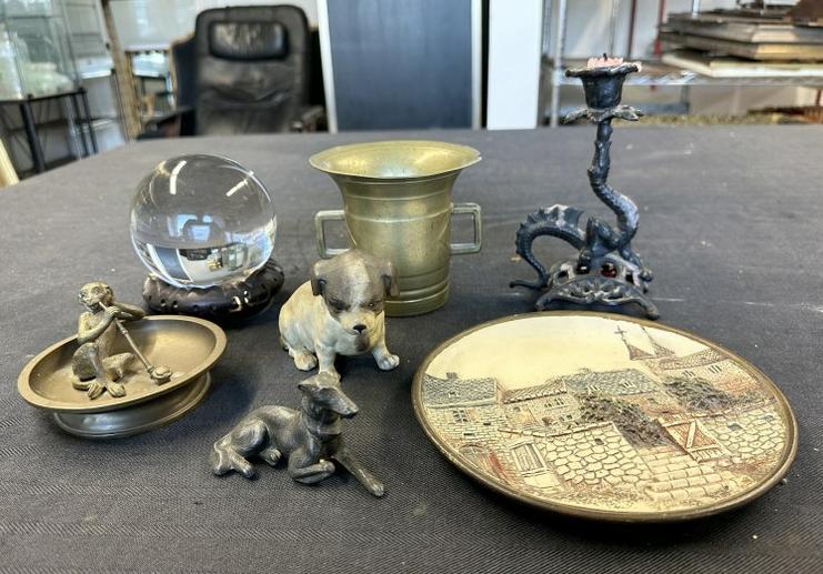 Misc. estate lot to incl. brass monkey with pipe, ceramic dog, brass mortar with chip on rim, dragon: Misc. estate lot to incl. brass monkey with pipe, ceramic dog, brass mortar with chip on rim, dragon candlestick, crystal ball on base, and scenic hanging plateâ€¦.good lot for dealer to sort out�