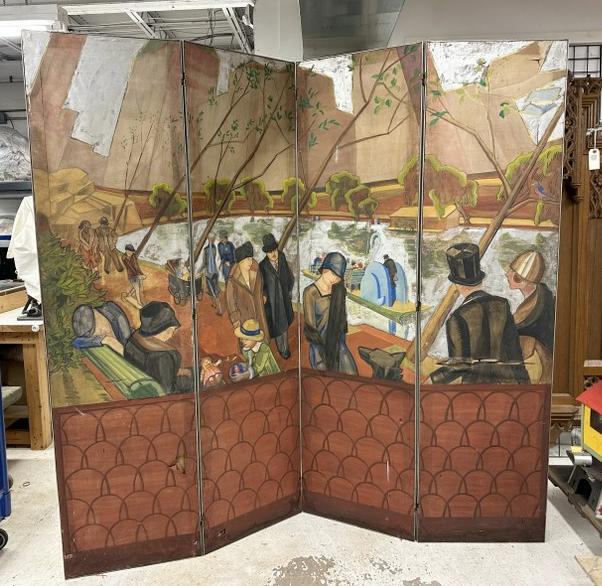 Murray Hoffman ( 1891-1945 ) o/c townscape folding screen of Charles River in Boston, Mass. From Art: Murray Hoffman ( 1891-1945 ) o/c townscape folding screen of Charles River in Boston, Mass. From Art collectors estate in Woodstock, N.Y. It has some rips on panels, this is how we found it. He is wel