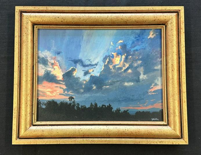 Thomas Charles Stratton ( 1945-2023 ) o/b landscape titled ( Skyscape from studio ) painted in 2007.: Thomas Charles Stratton ( 1945-2023 ) o/b landscape titled ( Skyscape from studio ) painted in 2007. Painting measures 12" x 16", the frame measures 17" x 21", signed lower right. These come directly 