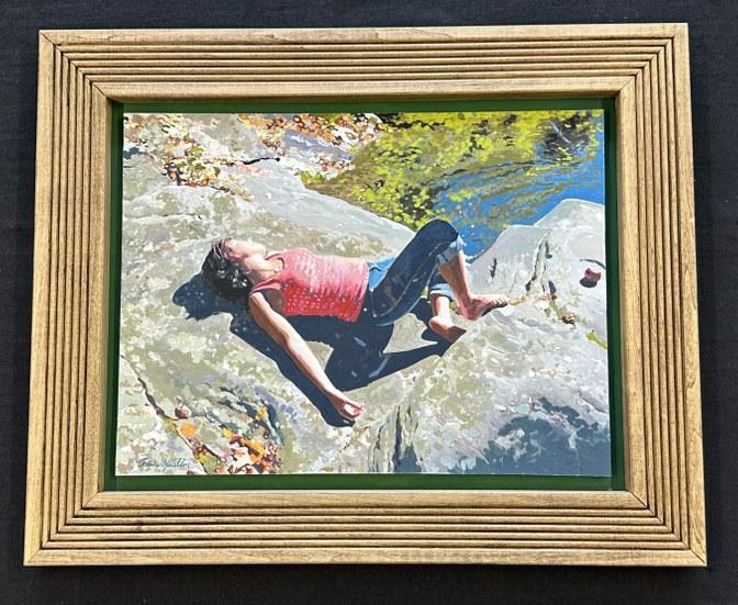 Thomas Charles Stratton ( 1945-2023 ) o/b woman sunbathing on rocks, signed lower left, dated 2007: Thomas Charles Stratton ( 1945-2023 ) o/b woman sunbathing on rocks, signed lower left, dated 2007 on the back, painting measures 12" x 15.5", the frame measures 17" x 21".