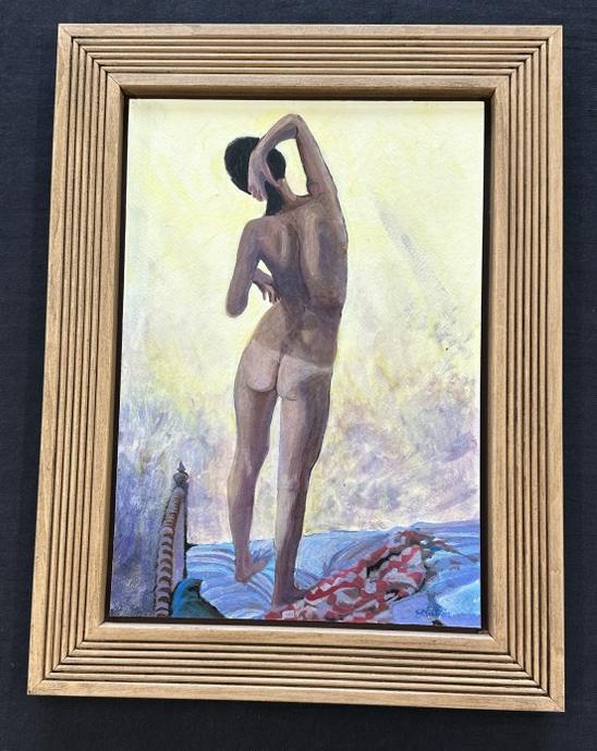 Thomas Charles Stratton ( 1945-2023 ) o/b nude female standing on the bed titled ( On the edge ),: Thomas Charles Stratton ( 1945-2023 ) o/b nude female standing on the bed titled ( On the edge ), painted 2008, signed lower right, painting measures 17.5" x 12", the frame measures 22.5" x 17.5". The