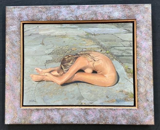 Thomas Charles Stratton ( 1945-2023 ) o/b nude female sunbathing on rocks, titled on back ( On the: Thomas Charles Stratton ( 1945-2023 ) o/b nude female sunbathing on rocks, titled on back ( On the sun rock ) 2007, painting measures 12" x 16", the frame measures 17.5" x 21.5". These come directly f