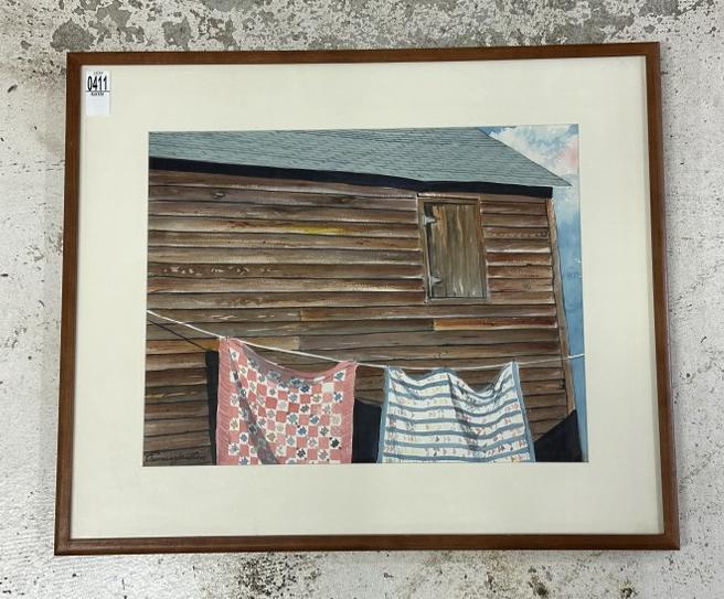 Thomas C Stratton ( 1945 - 2023 ) watercolor 2 quilts hanging on clothes line by the barn, signed: Thomas C Stratton ( 1945 - 2023 ) watercolor 2 quilts hanging on clothes line by the barn, signed lower left, the watercolor measures 14" x 18< the frame measures 21" x 25", These come directly from t