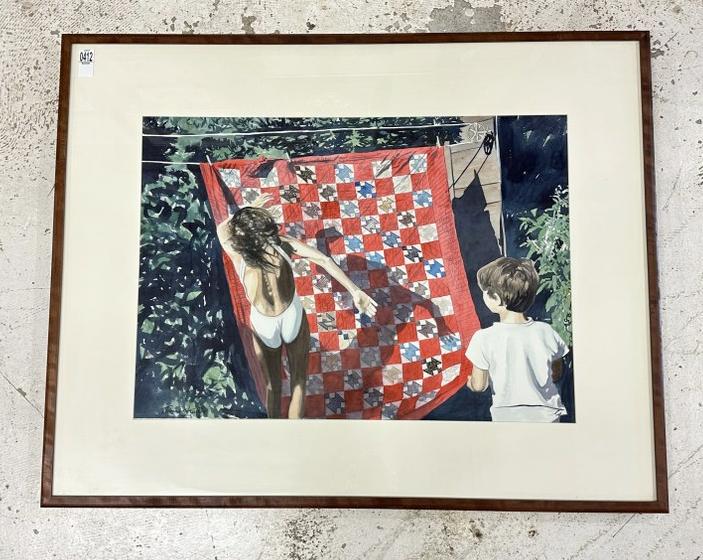 Thomas Charles Stratton (1945-2023 ) watercolor boy and girl by a colorful quilt hanging on clothes: Thomas Charles Stratton (1945-2023 ) watercolor boy and girl by a colorful quilt hanging on clothes line, signed lower left, painting measures 20" x 28", the frame measures 31" x 39". These come direc