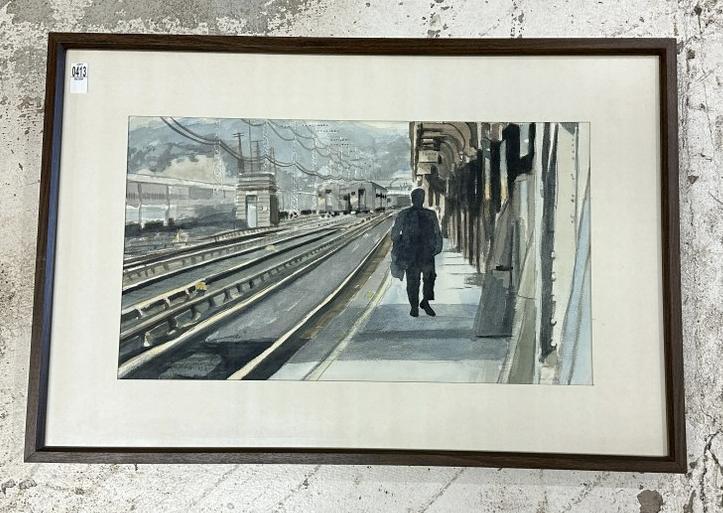 Thomas Charles Stratton ( 1945-2023) watercolor man walking at train station, in nice walnut frame,: Thomas Charles Stratton ( 1945-2023) watercolor man walking at train station, in nice walnut frame, signed lower right, painting measures 16" x 28", frame measures 26" x 37.5". These come directly fro