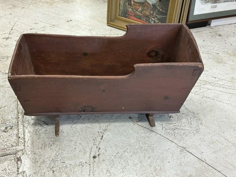 18th c pine cradle from stone house in Hudson Valley, stamped is name ( H TRAVER ), measures 39": 18th c pine cradle from stone house in Hudson Valley, stamped is name ( H TRAVER ), measures 39" long x 17" wide.