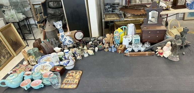 Large misc. estate lot to include collection of china birds including Lenox, wood carved birds,: Large misc. estate lot to include collection of china birds including Lenox, wood carved birds, porcelains, metalware, glasswares, old clock, old childs doll dresser, 18th century metal chinese figure