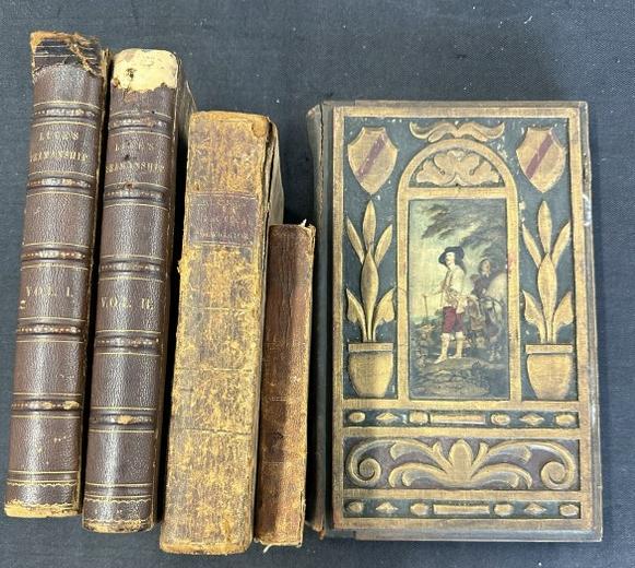 Estate ephemera lot with early books & early carved book covers with sign in pages in front. Found: Estate ephemera lot with early books & early carved book covers with sign in pages in front. Found in Hudson Valley estate, all books have wear for age to boards, spines. Lot includes Volume 1 & 2 tit