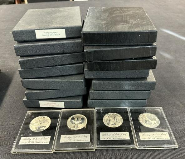 (18) Franklin Mint Sterling Silver Proofs ( STRUCK AT THE FRANKLIN MINT ), (14) are in original: (18) Franklin Mint Sterling Silver Proofs ( STRUCK AT THE FRANKLIN MINT ), (14) are in original boxes with paperwork, (4) are out of boxes as pictured, all different scenes on them, found in local est