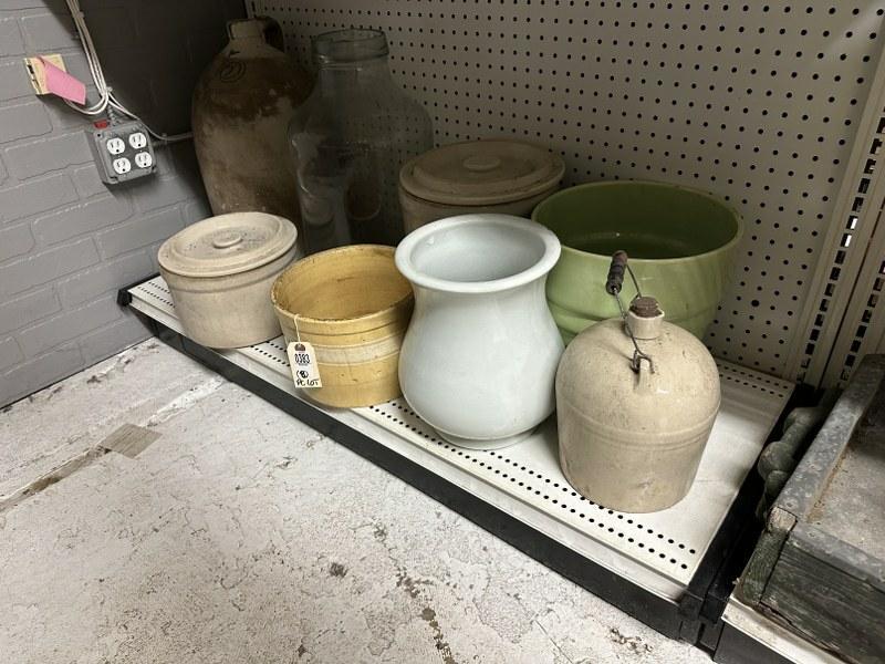 (8) pc. Misc. estate lot to include stoneware (2 with lids ), Haeger vase, yellow ware bowl, large: (8) pc. Misc. estate lot to include stoneware (2 with lids ), Haeger vase, yellow ware bowl, large glass jar, and ironstone pieceâ€¦.good dealer lot to sort out.