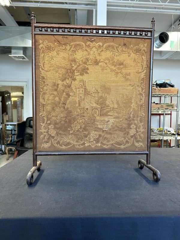 Circa 1900 oak stick and ball firescreen, tapestry shows wear, measures 36" x 26", from Hudson: Circa 1900 oak stick and ball firescreen, tapestry shows wear, measures 36" x 26", from Hudson Valley estate.