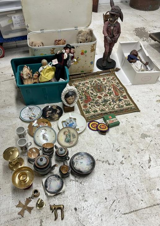 Misc. estate goods to include teddy bears ( one I think is real bear fur, early jointed teddy ),: Misc. estate goods to include teddy bears ( one I think is real bear fur, early jointed teddy ), Japanese tea set, brass Church items, tapestry, misc. dolls, etc. Good lot for dealer to sort outâ€�