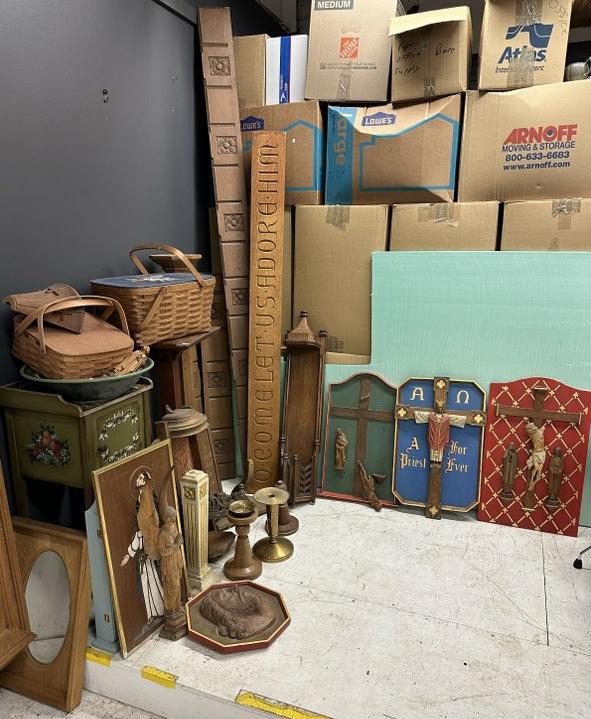 Big misc. estate lot incl. carved religious items from estate of John J. Noe, NYC shop owner who: Big misc. estate lot incl. carved religious items from estate of John J. Noe, NYC shop owner who supplied NYC Churches with carved figures, etc. Also in lt misc. carvings, candlesticks, baskets and sm