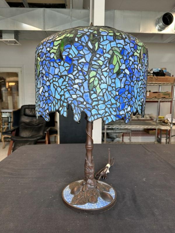 Vintage reproduced Tiffany style wisteria leaded table lamp, Made in China, shade & base in nice: Vintage reproduced Tiffany style wisteria leaded table lamp, Made in China, shade & base in nice found condition, probably 20 years old or so. Measures approx. 29" high. Base is bronzeâ€¦.