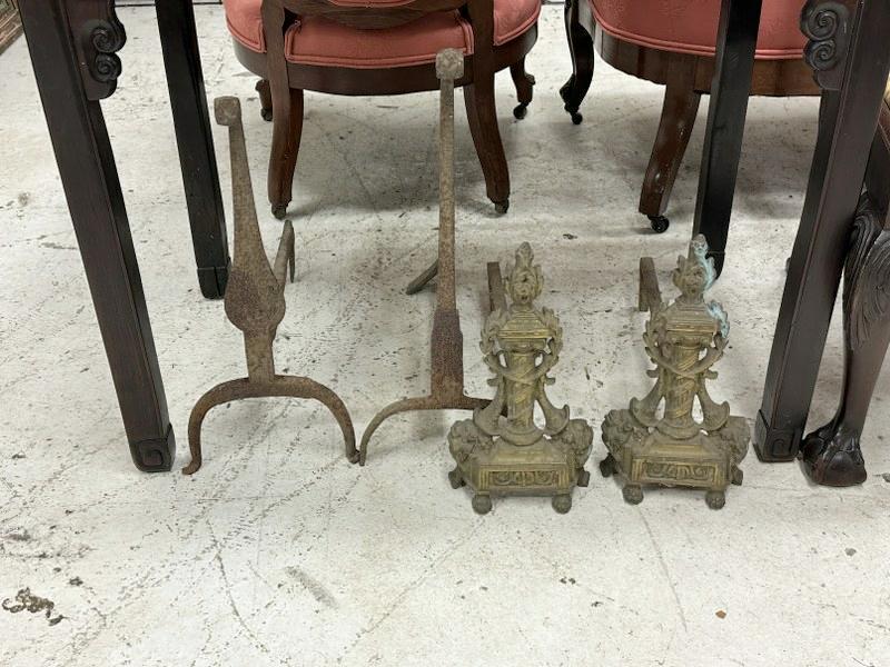 Estate andiron lot to incl. nice decorative pair of brass & non matching early handmade iron: Estate andiron lot to incl. nice decorative pair of brass & non matching early handmade iron onesâ€¦.just as we found them.