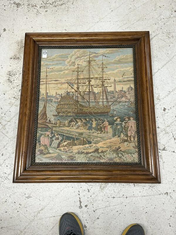 Circa 1900 framed textile seascape with large sailboat & people in foreground, in period oak frame.: Circa 1900 framed textile seascape with large sailboat & people in foreground, in period oak frame. Frame measures 35" x 29.5". Very nice estate condition.
