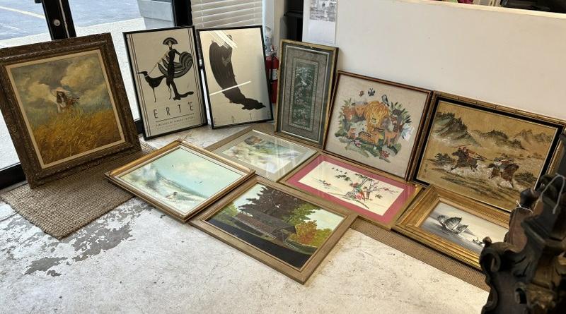 (13) pc. Estate lot of vintage artwork, etc. to include (2) Erte posters, oil painitngs, framed: (13) pc. Estate lot of vintage artwork, etc. to include (2) Erte posters, oil painitngs, framed handwork pieces, Asian textile, etc. From Hudson Valley estate, good lot for dealer to sort outâ€¦.