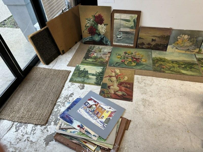 Very big, very nice estate lot of artwork by Bunny Hammer, includes portfolios with many: Very big, very nice estate lot of artwork by Bunny Hammer, includes portfolios with many watercolors, original signs she made, charcoal portrait drawings, and many oil on boards, really wonderful lot 