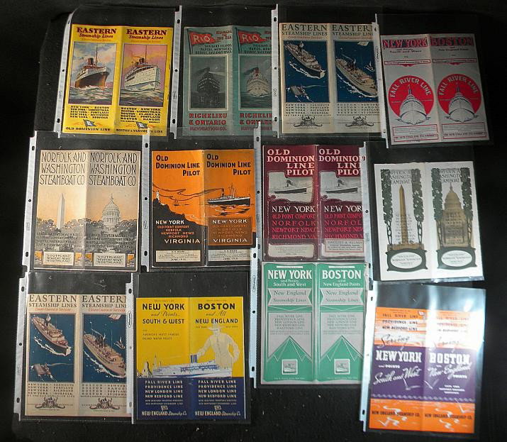 Lot of 12 Steamship Brochures in binder, 1900-1930': Lot of 12 Steamship brochures in binder, 1900's-1930's, including Eastern Steamship Lines, Richelieu & Ontario Navigation Co., Norfolk and Washington Steamboat Co., Old Dominion Line Pilot, and New En