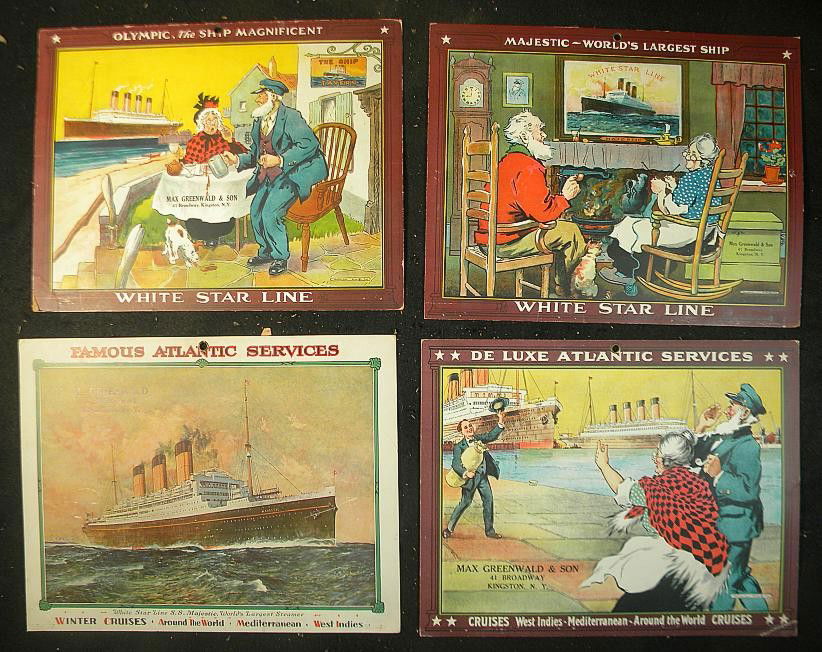 4 Early Cardboard White Star Line Travel signs: 4 cardboard White Star Line travel advertising signs from Max Greenwald & Son, 41 Broadway, Kingston, NY. They measure 11" x 14".