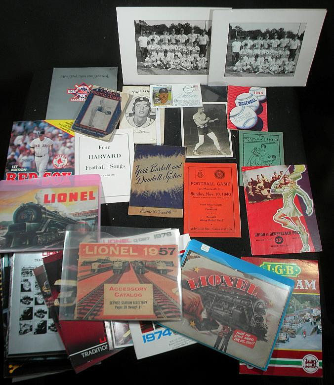 Lot of Sports and Train Catalogs, Yearbooks, Etc: Lot of sports yearbooks, photos, booklets, including Mets, Yankees, Red Sox, Harvard, and train catalogs, including Lionel, American Flyer, LGB, and others