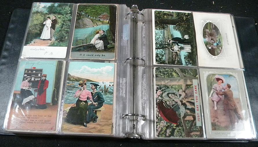 Album of Early Romantic Post Cards: Album of early romantic post cards, mostly couples, some foreign, as pictured