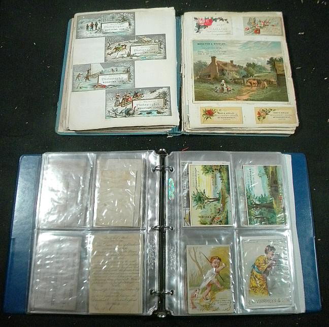 Boxlot of 2 Early Trade Card Albums: Boxlot of 2 early trade card albums including sewing machine, holiday, dressmaking, Clarks, and many others, one album in rough shape, as pictured