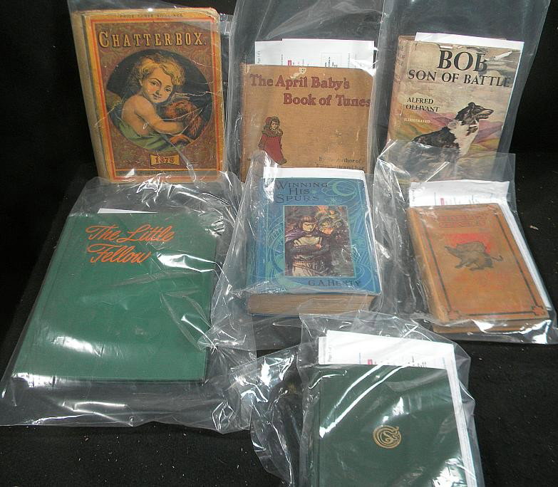 Boxlot of 6 Older Collectible Books: Boxlot of 6 books including; Kidnapped, Being Memoirs of the Adventures of David Balfour in the Year 1751 by Robert Louis Stevenson 1910, The Little Fellow by Marguerite Henry 1945, Chatterbox 1875(on