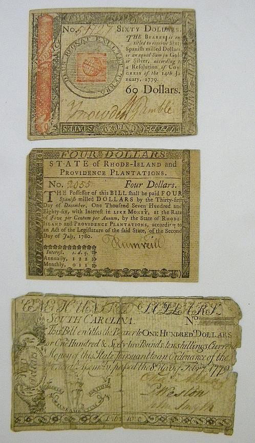 Lot of 3 Early Pcs Currency:1780 & 2 1779: Lot of 3 early pieces of currency; sixty dollars, January 14th, 1779, one hundred dollars, South Carolina, February 8th, 1779, and four dollars, State of Rhode Island and Providence Plantations, July 