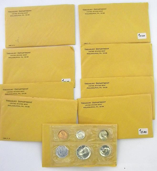 Lot of 9 1964 US Proof Sets: Lot of 9 1964 US proof sets, includes half dollar, quarter, dime, nickel, and penny, in sleeves and envelopes