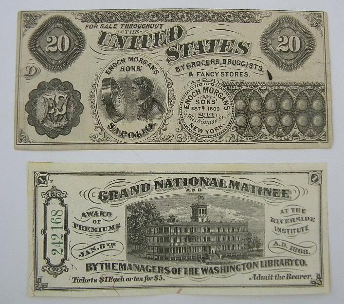 Lot of Early 1809 Coupon & 1868 Ticket: Lot of early 1809 Sapolio polish cleaner coupon, Enoch Morgan's Sons,est 1809, Washington St New York; and Grand National Matinee Award of Premiums at the Riverside Institute Jan 8th, 1868 by the Mana