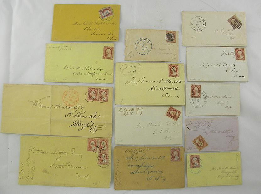 Lot of 13 Early Stamps and Postmarks: Lot of 13 early 3 cent stamps and early postmarks on envelopes