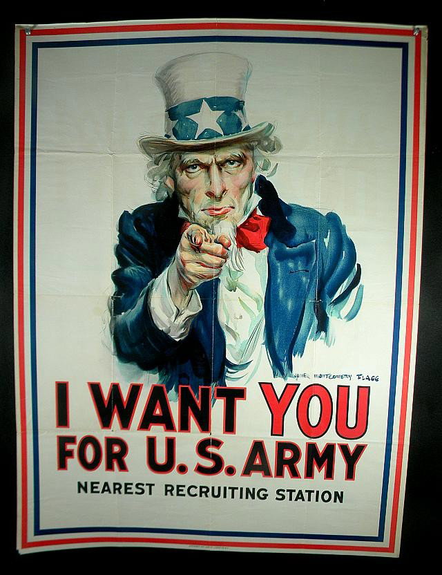 WWI Poster Uncle Sam by Flagg 1917: Rare WWI Uncle Sam Poster by James Montgomery Flagg, I Want You For U.S. Army Nearest Recruiting Station, copyright 1917 Leslie-Judge Co NY, has creases from folding and 4 small separations in the cre