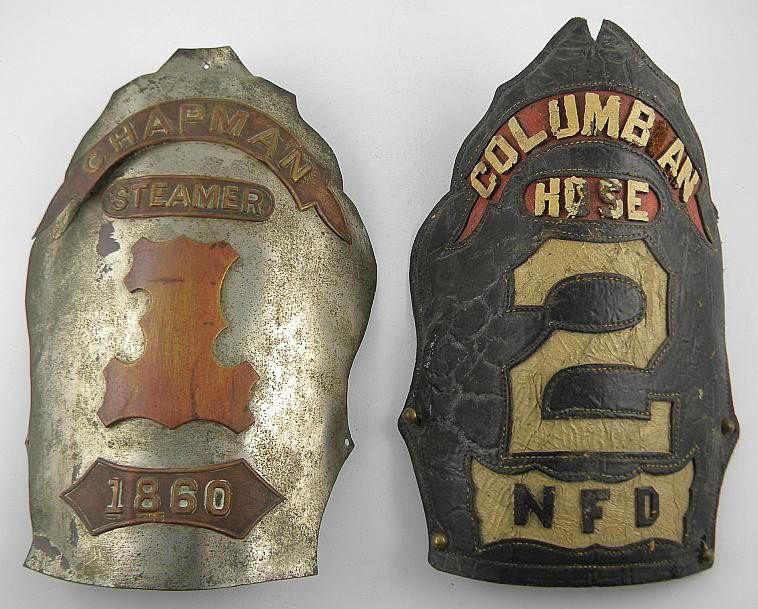 2 Old Newburgh NY Fireman Shields Chapman Steamer 1: This is for 2 very early Newburgh, New York Fireman's helmet shields. One has brass plates, this is for the CHAPMAN STEAMER 1 1860, the other is leather and it is COLUMBIAN HOSE 2 NFD. Great pieces of