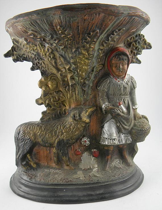 Early Painted Terra Cotta Little Red Riding Hood B: This came from an older estate in the Hudson Valley, it is a terra cotta base, with figural Little Red Riding Hood and Wolf. Might have had a jardinaire or pot on top. Measures 8 3/4" high. it has a f