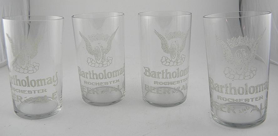 4 Early BARTHOLOMAY Beer Glasses With Wing Wheel: lot of 4 very nice condition, BARTHOLOMAY beer glasses. The logo and name is intact on all glasses. They measure 4 1/8" high. Home The Bartholomay Brewing Company was originally founded in 1852 as Wil